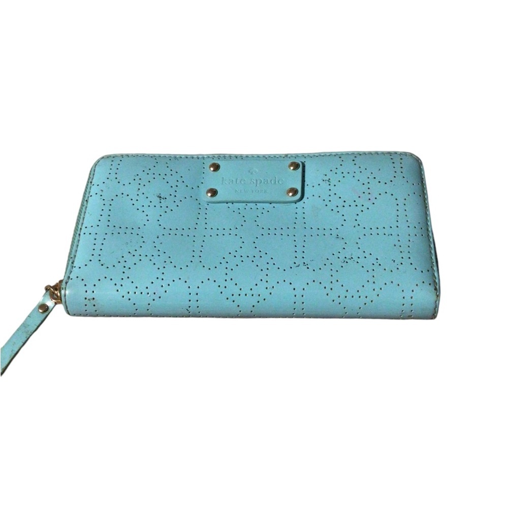 Kate Spade Perforated Patent Leather Wallet Zip Around Aqua Read Description